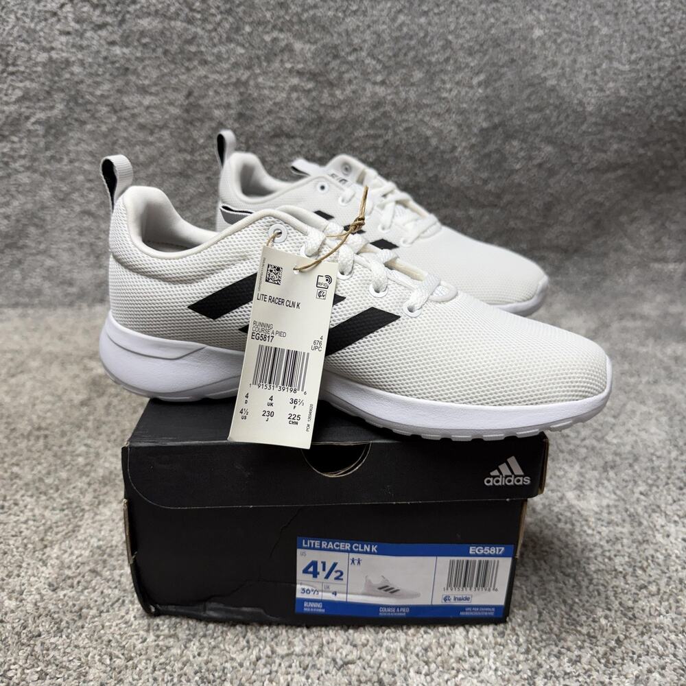 Adidas Lite Racer CLN K Shoes Kids Size 4.5 White Black Running Sneakers EG5817